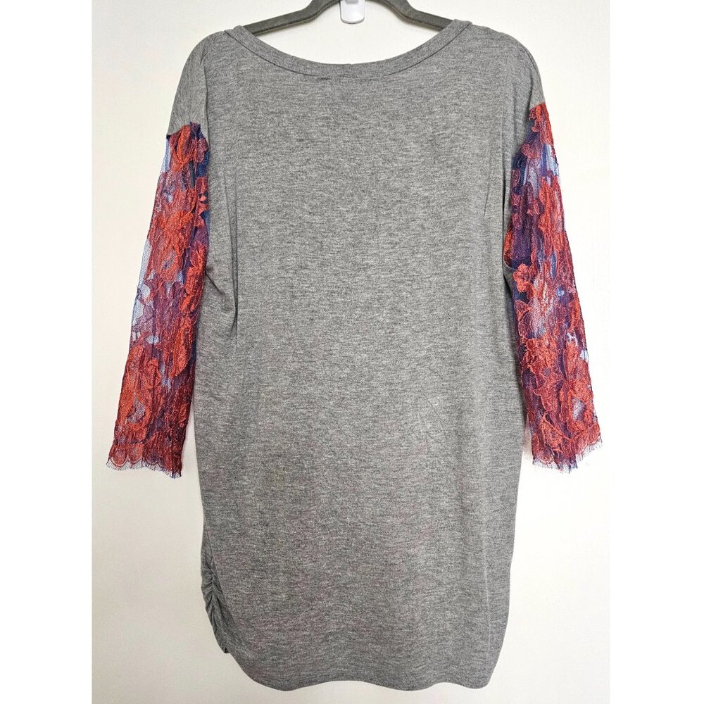 Loyd/Ford Palm Springs Tunic Tee T-Shirt Top  w 3/4 Floral Lace Sleeves 6 Grey